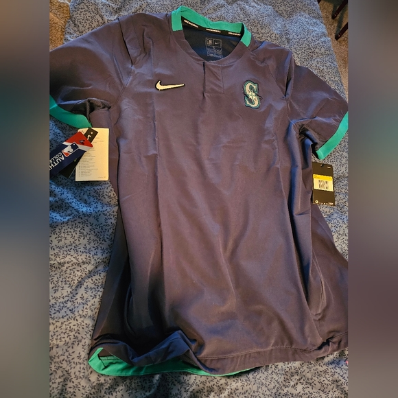 Men's Nike Navy Seattle Mariners Authentic Collection Short Sleeve Hot Pullover - Picture 1 of 8